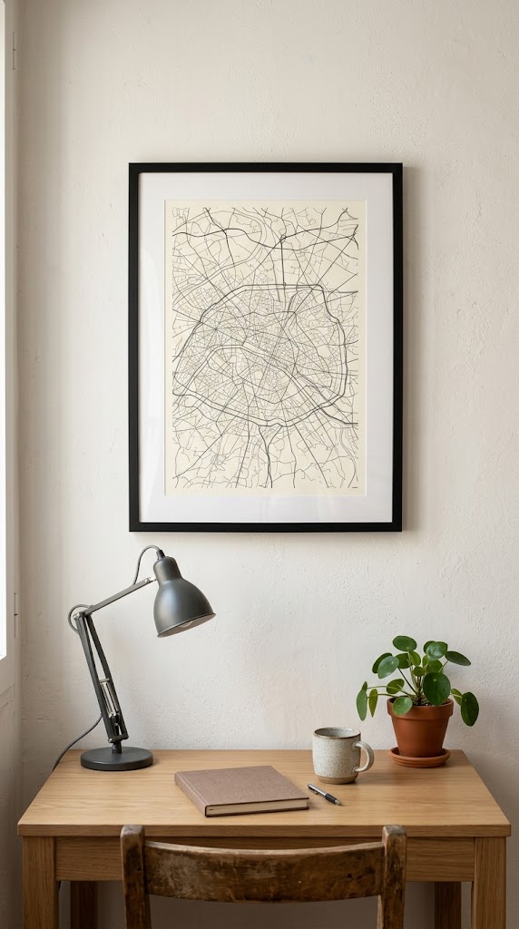 Mapa Mapalio de 30x40 cm enmarcado sobre una mesa de escritorio