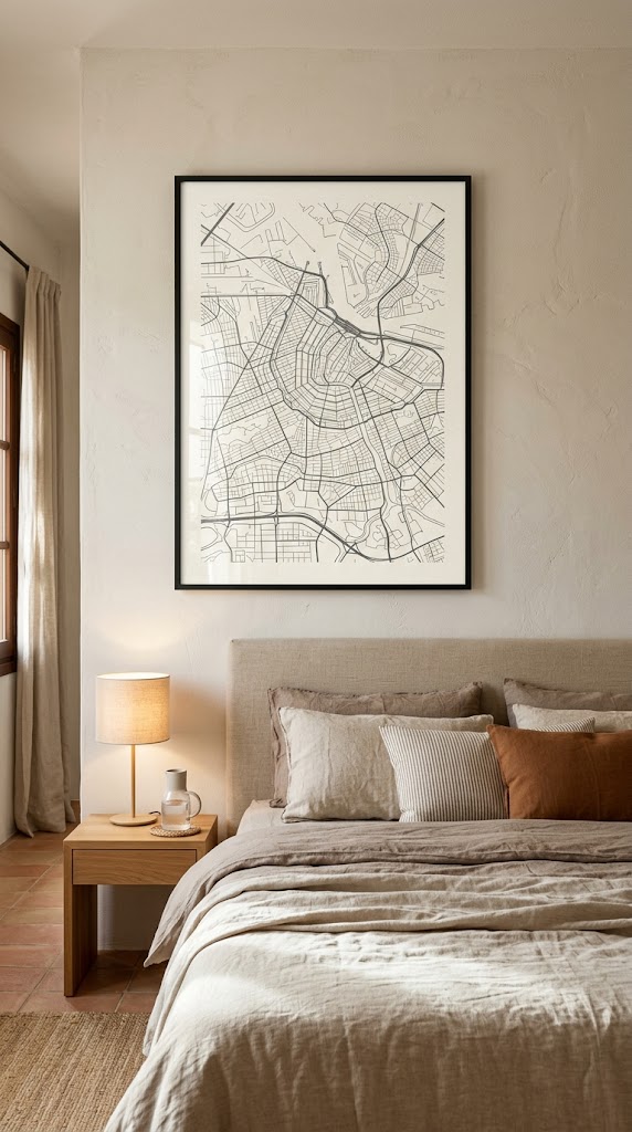 Mapa Mapalio de 50x70 cm enmarcado sobre una cama